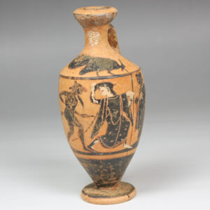 Greek lekythos, Cock Group, depicting a mincing satyr and maenad between two draped youths