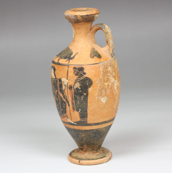 Greek lekythos, Cock Group, depicting a mincing satyr and maenad between two draped youths