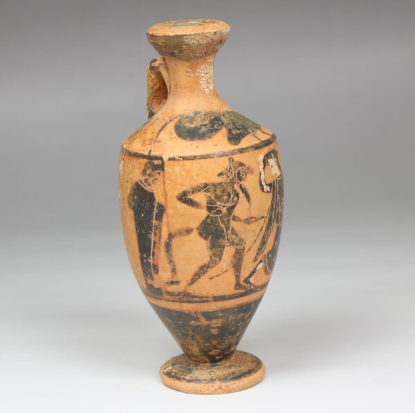 Greek lekythos, Cock Group, depicting a mincing satyr and maenad between two draped youths