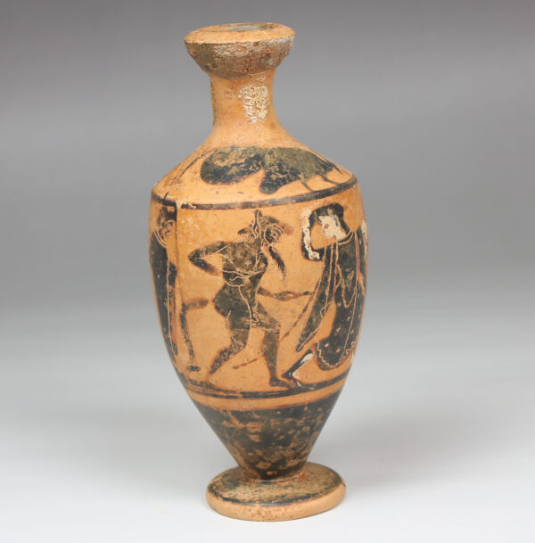 Greek lekythos, Cock Group, depicting a mincing satyr and maenad between two draped youths